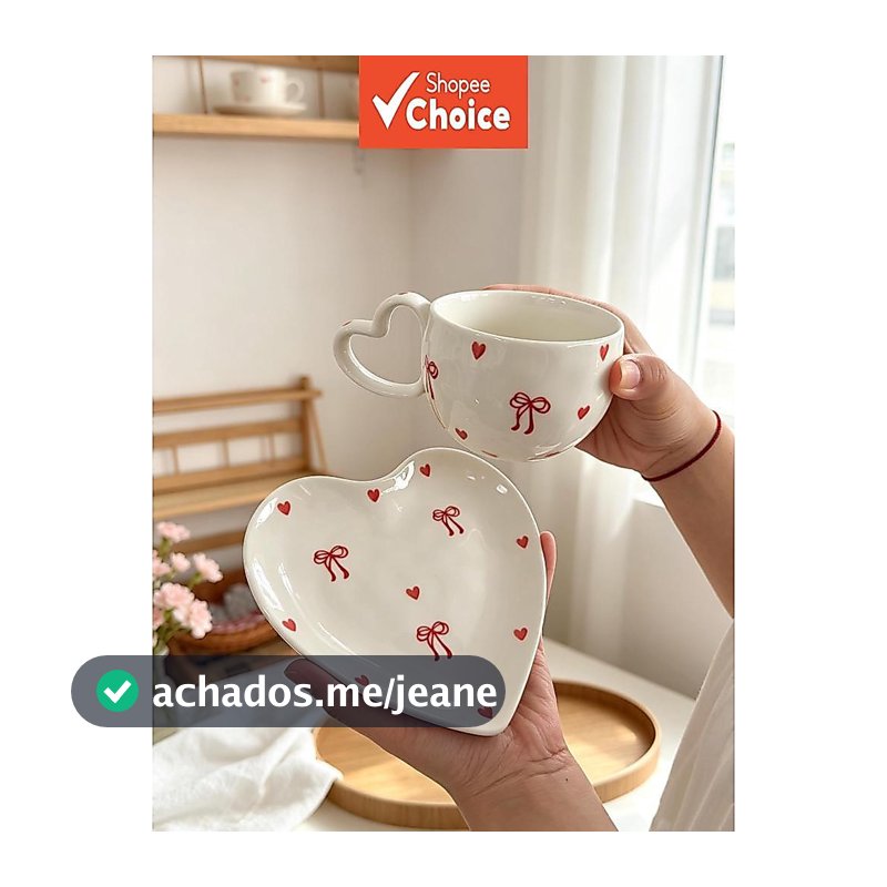 Conjunto De Xícara De Cerâmica E Pires De Coração Com Laço Rosa , Aparelho Para Bebidas Borda Ondulada De 280ml , Talher