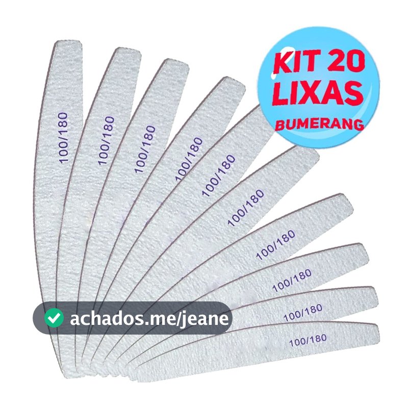Kit 20 Lixas Bumerangue De Unha Meia Lua 100/180 Unhas Porcelana Acrigel/gel/porcelana