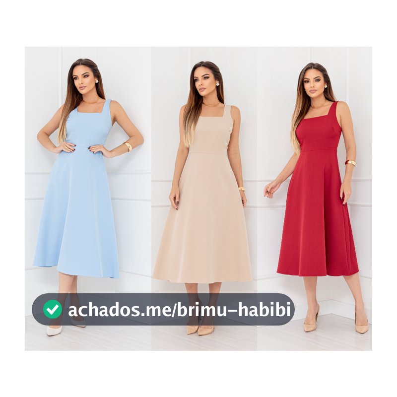 YAN FASHION Vestido Midi Feminino Alfaiataria Premium  Godê Elegante Alça Larga Decote Quadrado