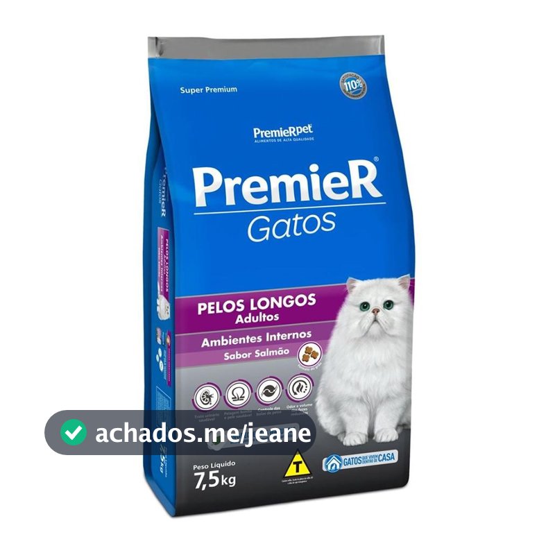 Ração Premier Gatos Pelos Longos Ambi Internos Salmão 7,5Kg