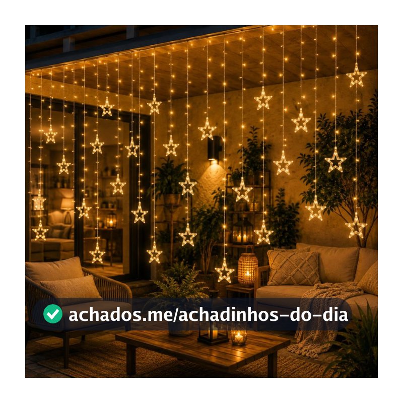 Cascata de Natal Estrelas Bivolt Leds com 8 Funções em cores Branco Quente e Pisca Pisca