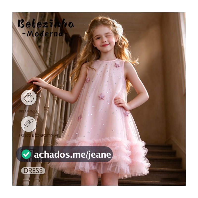 Vestido Infantil Menina Tule Estrelas Babados Festa Princesa Rosa Azul