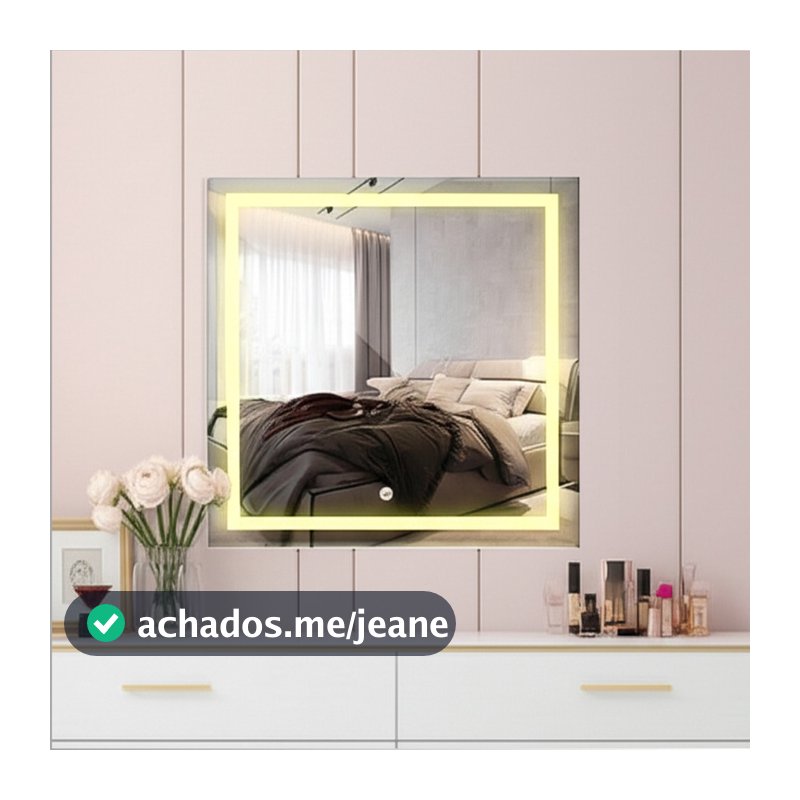 Espelho Quadrado Jateado 50x50 Com Luz de LED 3 cores sensor Touch Screen Bivolt de Luxo Decorativo Banheiro Camarim