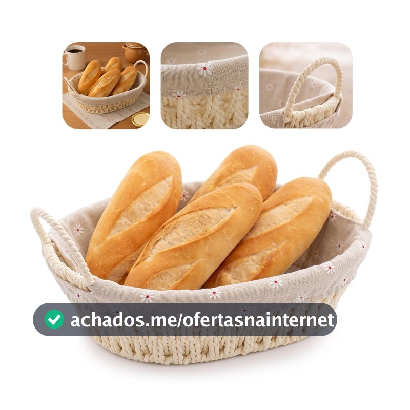 Cesto de Pão Redondo Retangular Oval Para Café da Manhã com Forro e Alça Lateral Cozinha Multiuso