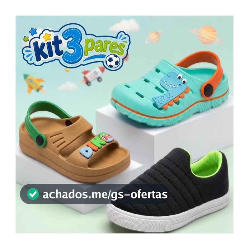 Kit 3 Pares Menino Infantil Babuche Tênis Calce Facil Confortável