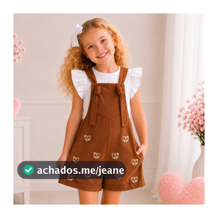 jardineira infantil ursinho marrom conjunto com 2 peças blusa e macaquinho jeans coração Borboletinhas Kids