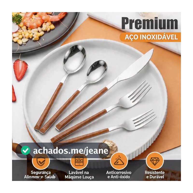 Jogo De Talheres 24 Peças Aço Inox, Alças De Madeira Designer Lindo Fácil de limpar, resistente à corrosão