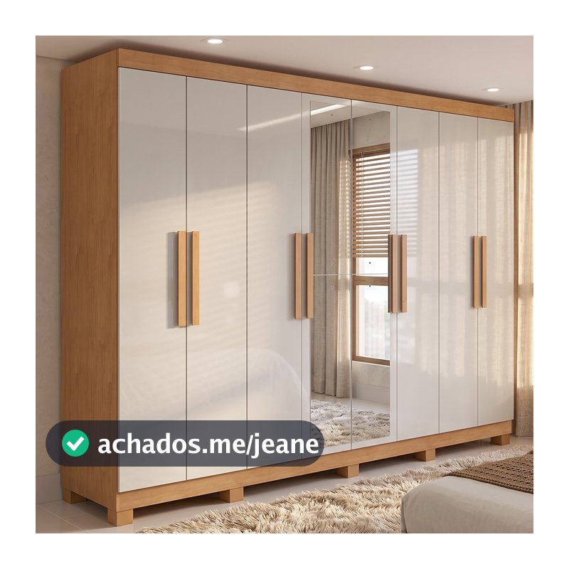 Guarda-roupa Casal Easy Slim 8 Portas Com Espelho e Pés Amendoa Clean/Off White