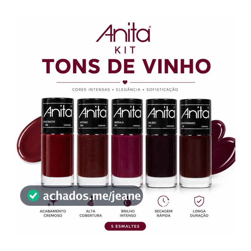 Kit Esmaltes Anita Tons de Vinho – Fascinação, Marsala, Outono e Malbec