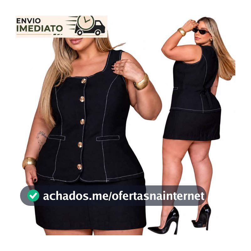 Conjunto feminino plus size colete short saia com pesponto e botões de metal