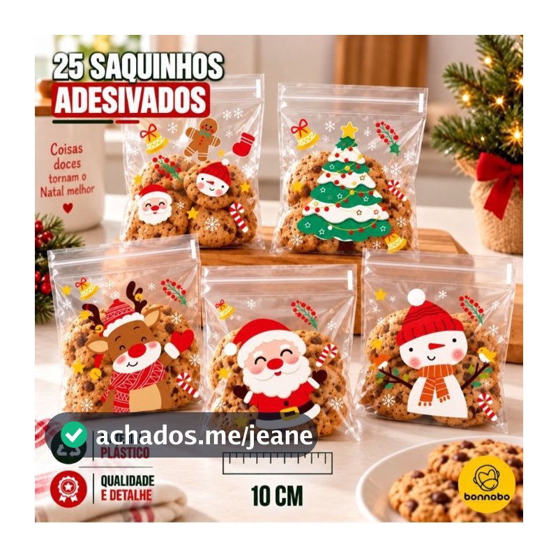 25 Saquinhos Adesivados de Natal 10 x10 para Doces Biscoitos Lembrancinhas Festa Natalina Embalagem.