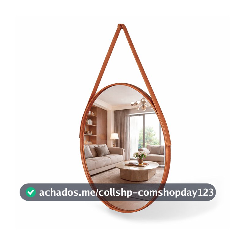 Espelho Redondo Decorativo Adnet Alça Couro Suporte 60cm Sala Quarto Banheiro