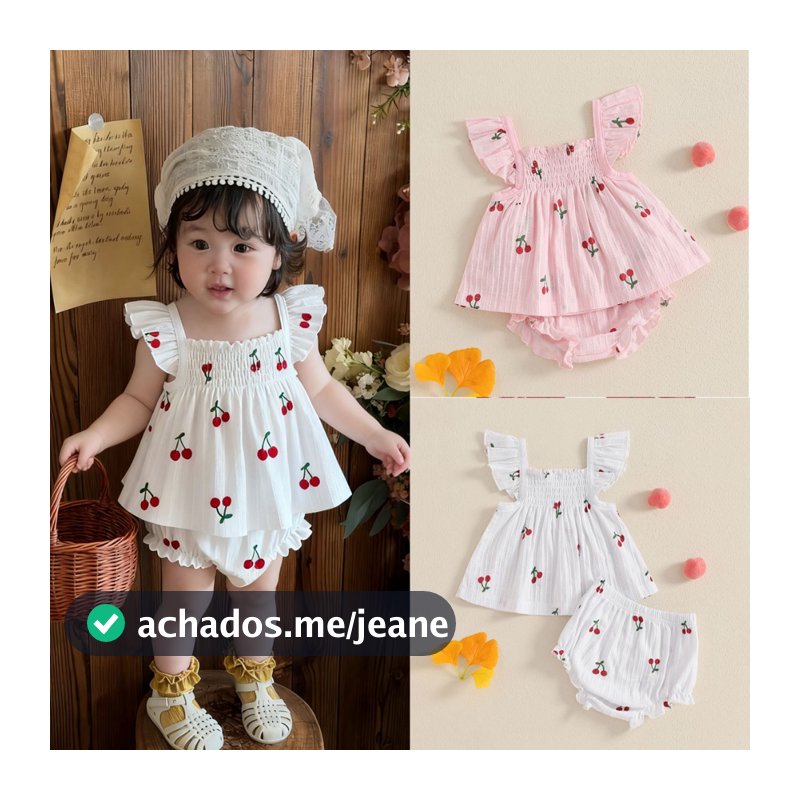 Conjunto De Bebê Menina/Estampa Cereja Manga Voadora Babydoll Gola Tops + Shorts Com Babados Na Cintura Elástica Verão