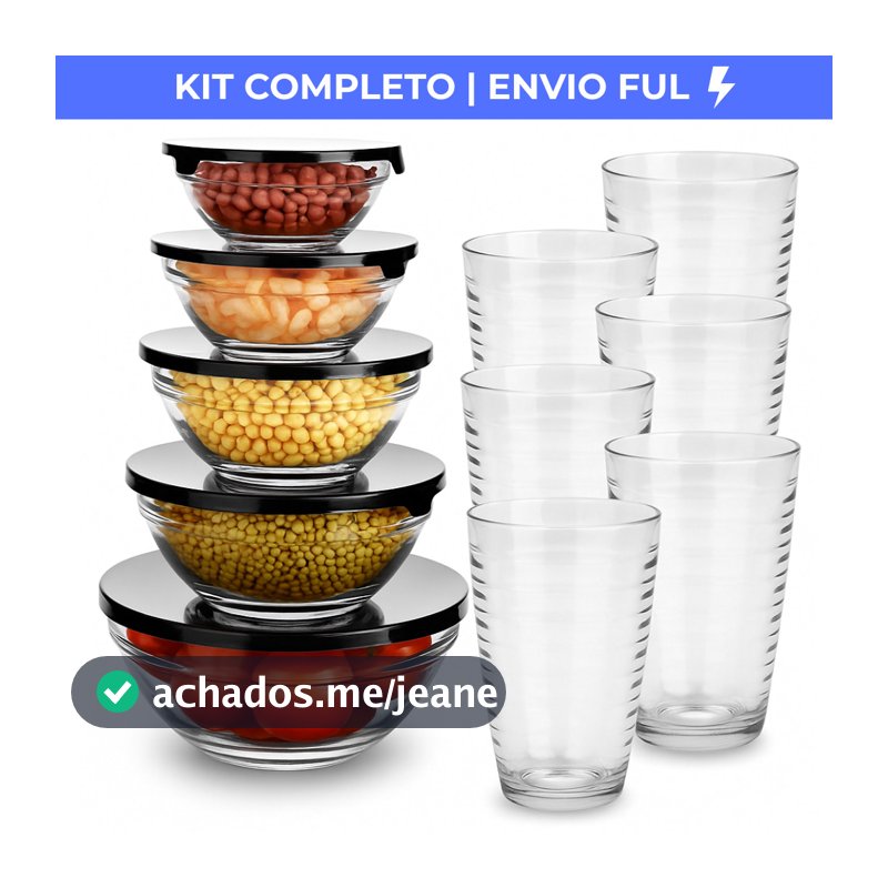 Kit Conjunto De Potes 5 Peças Vidro e 6 Copos Arizona 200ml Transparente