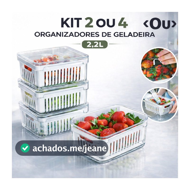Kit 2 ou 4 Organizadores Geladeira Acrílico 2,2L Tampa Legumes Verduras Frutas Alimentos Cozinha OU