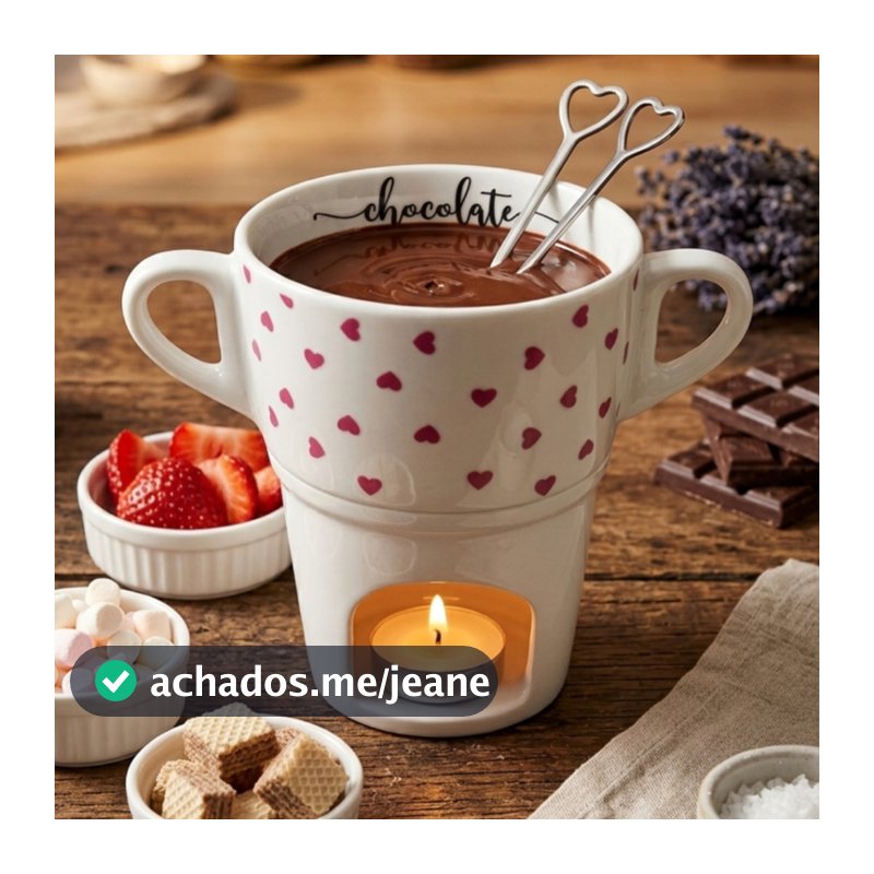 Caneca Fondue 250ml Porcelana Decorada Alça Chocolate Queijo Sobremesa Mesa Posta Presente Natal