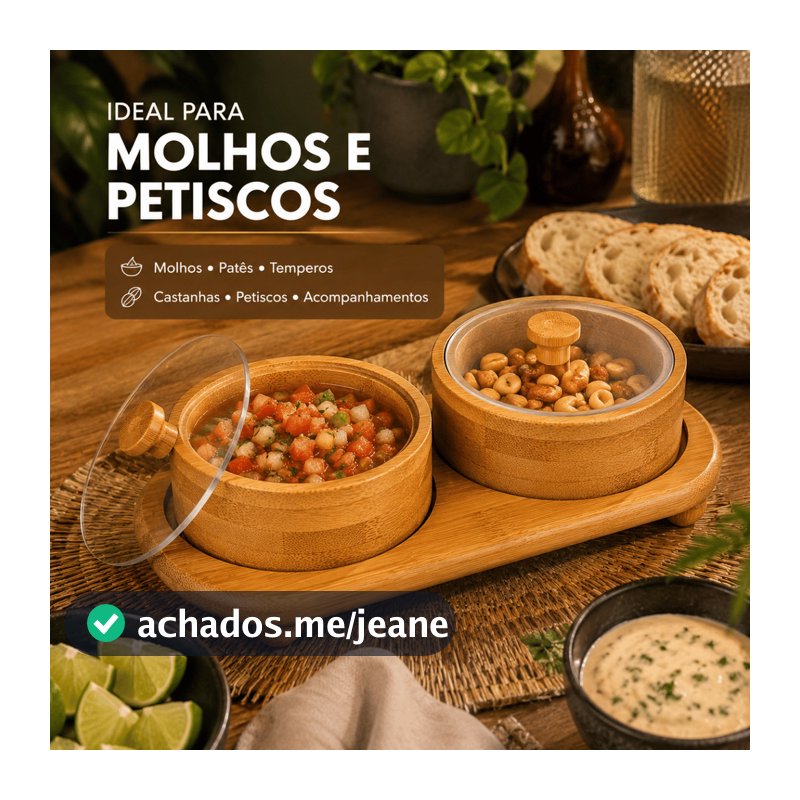 Kit Potes De Bambu Livon Com Tampa Acrílico Para Molhos Petiscos Condimentos Mesa Posta