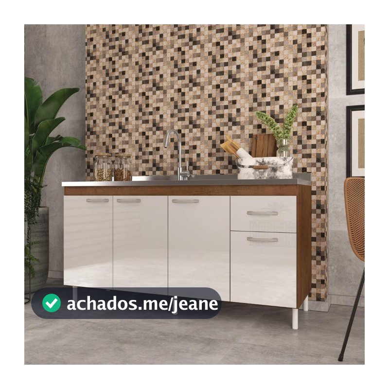 Balcão de Cozinha para Pia de 160cm Sem Tampo Suiça Fidelitá 4 Portas 1 Gaveta Noce/Off-White