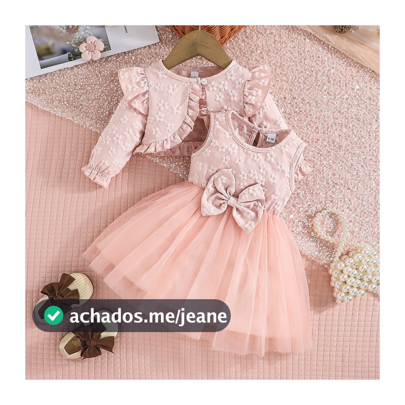 Conjunto De Vestido De Banquete Para Bebê Menina Manga Comprida Xale Pequeno + Tecido De Malha Com Roupas