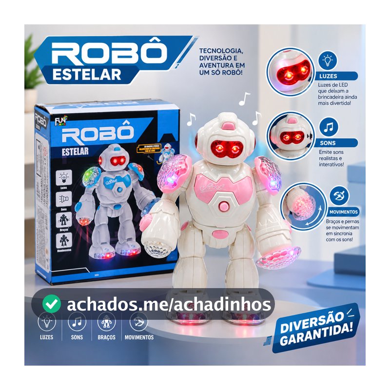 Robô Infantil Estelar Com Luzes LED, Som, Movimentos Efeitos Interativos Brinquedo