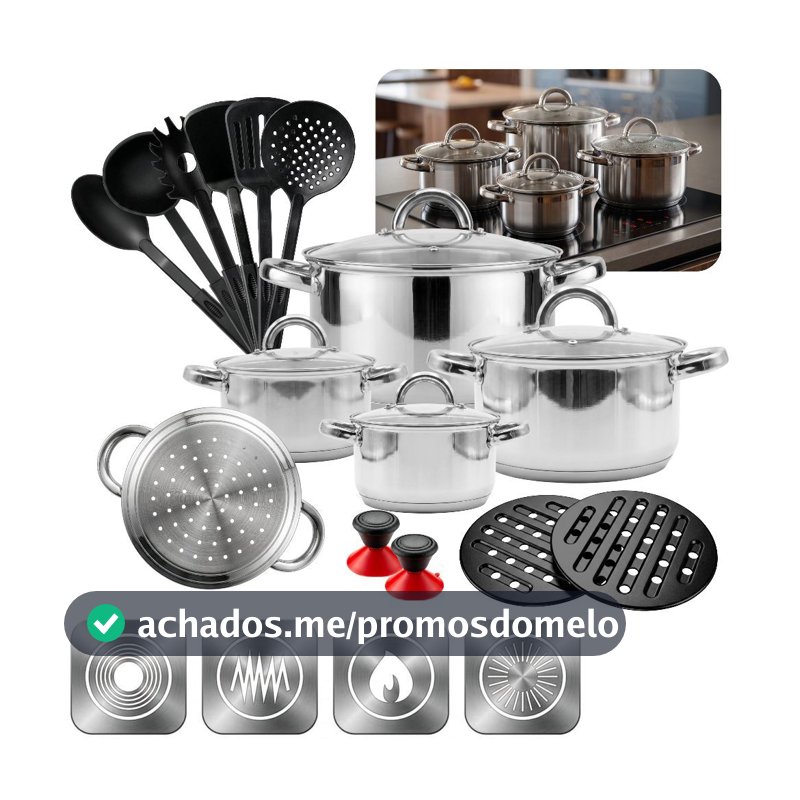 Jogo Panelas Completo 19 Peças Antiaderente Aço Inox com Acessórios Nylon