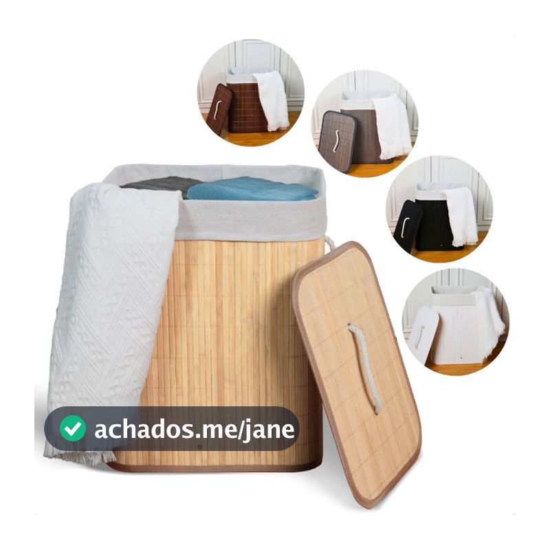 Cesto de Roupa Suja Bambu Com Tampa e Alças 50 Litros Grande Organizador Multiuso