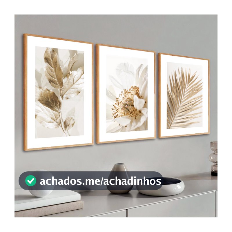 Kit 3 Quadros Decorativos Folhagem Dourada Gold Moldura 40X60 cm Sala Grande Moderno