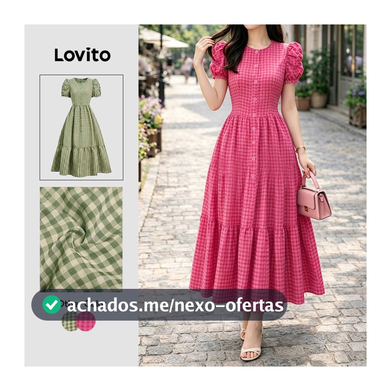 Lovito Padrão de Vestido Casual com Botão Primavera/verão Vestido Rosa Vermelho para mulheres L196ED128