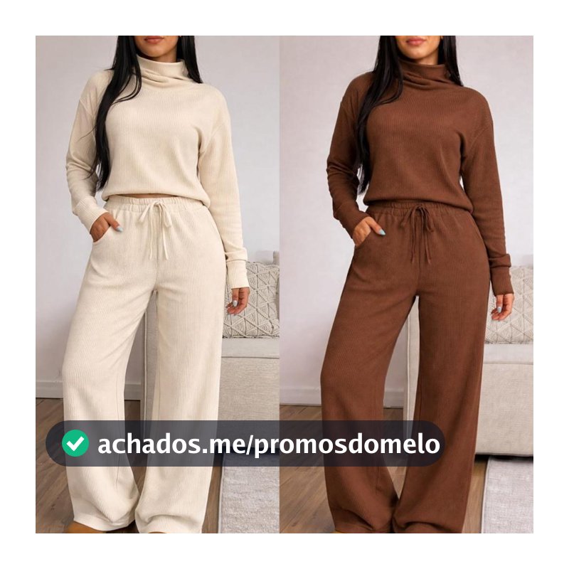 Conjunto Feminino Calça Pantalona e Blusa de Gola Alta Manga Longa Tecido Anarruga Moda Elegante