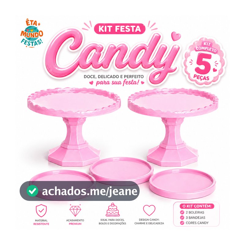 KIT FESTA CANDY 2 MEDIA CAKE DIAMANTE + 3 BANDEJA REDONDA ANIVERSARIO DECORAÇÃO FESTA INFANTIL BOLOS