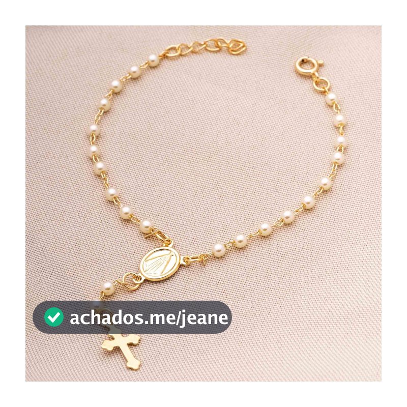 Pulseira Religiosa Terço Pérola Feminina Banhado Ouro 18K