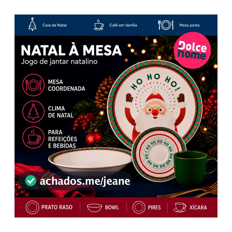 Aparelho de Jantar Natalino 16 Peças Jogo de Pratos Xícaras e Pires Papai Noel