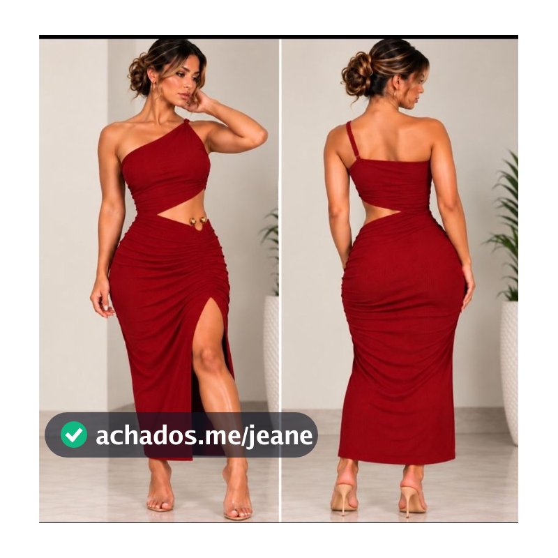 Vestido Feminino Longo Anarruga Assimétrico com Fivela Dourada Fenda Lateral