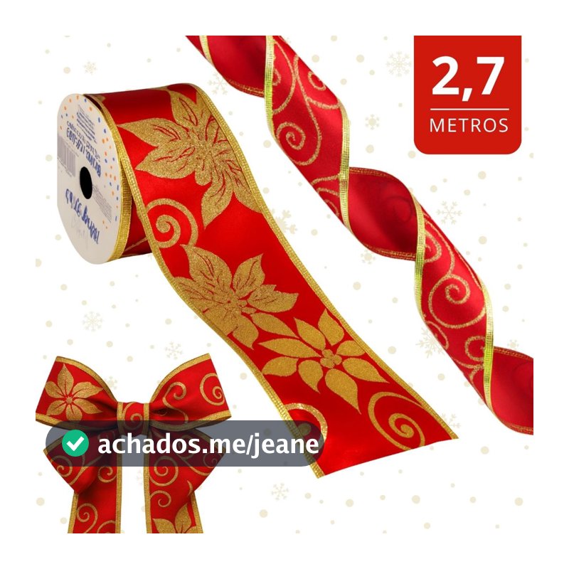 Fita Natalina Decorativa Aramada Vermelha Dourado 2,4m Laços P/ Enfeitar Árvores Guirlanda Presente