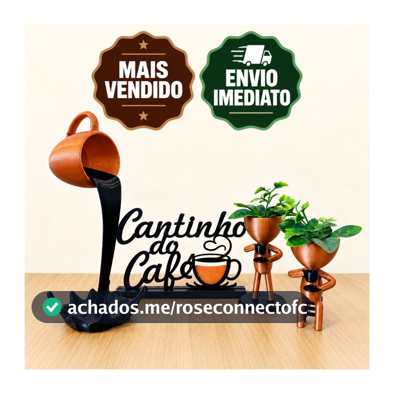 Kit Cantinho do Café Decorativo com Xícara Flutuante, Bob e Plantas Artificiais