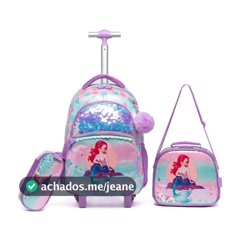 Kit Mochila Lancheira Estojo Infantil Menina Rodinha Espaçosa Lilás