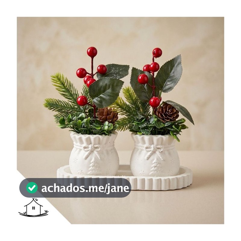 Vasinho Natalino Decorativo de Gesso com Planta Artificial Modelo Saquinho de Natal Papai Noel Feriado Tradição