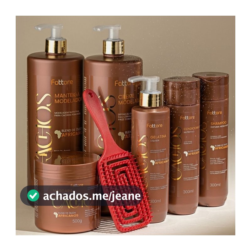 Fattore Kit Completo Cachos + Escova – Nutrição Profunda com Óleos Africanos Para Cabelos Cacheados 7 Itens