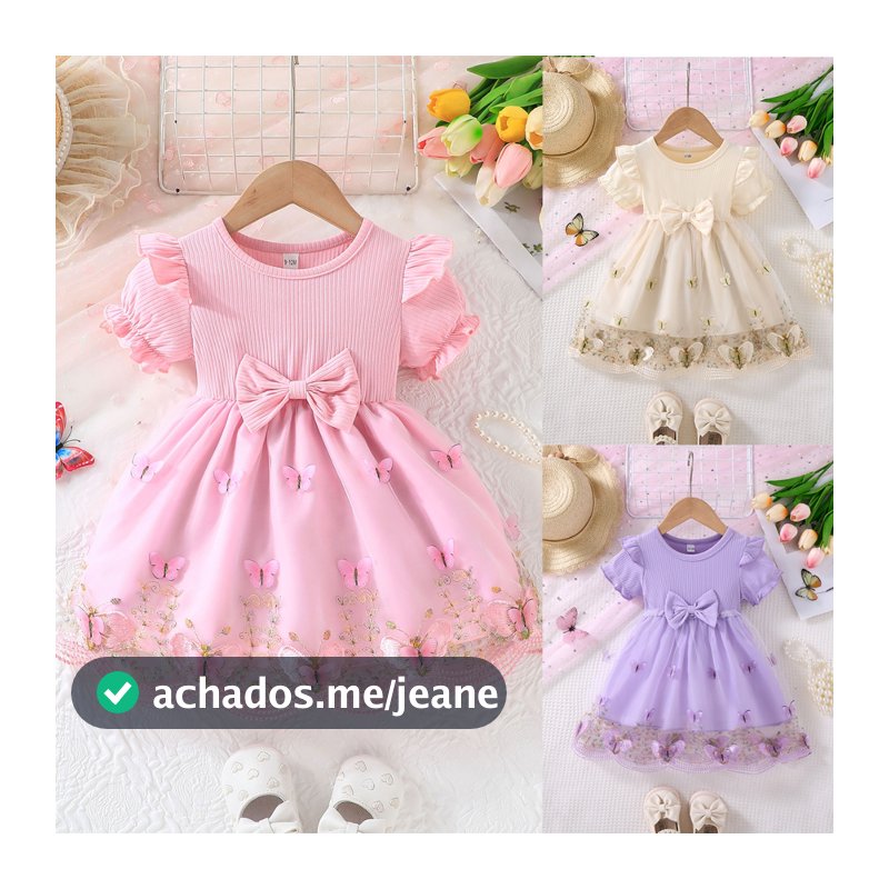 Vestido de Bebê 6 a 36 Meses Menina Tule Borboleta Manga Curta Rosa Bege Roxo Vestido para Batizado Presente de Festa