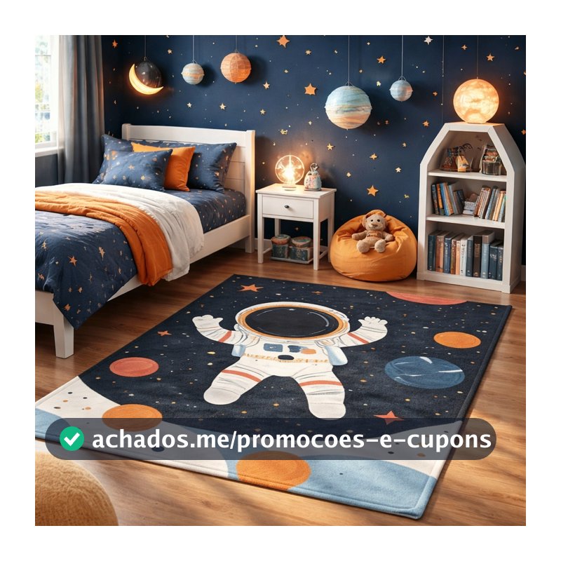 Tapete Infantil Decorativo 118x70cm Antiderrapante Sala, Quarto e Escritório Astronauta Espaço