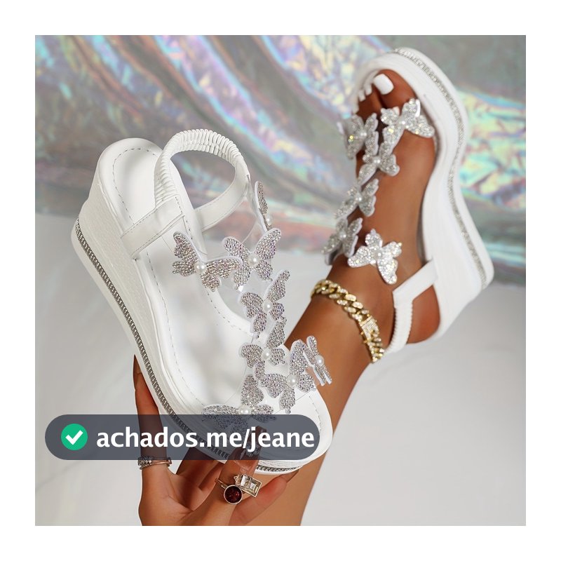 Sandálias De Cunha Elegantes E Encantadoras Para Mulheres Com Borboletas Pérolas – Design De Dedo Aberto , Sola Grossa ,