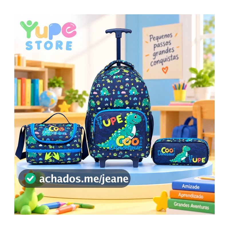 YUPE Kit Mochila Infantil Escolar com Rodinhas + Lancheira + Estojo Masculino