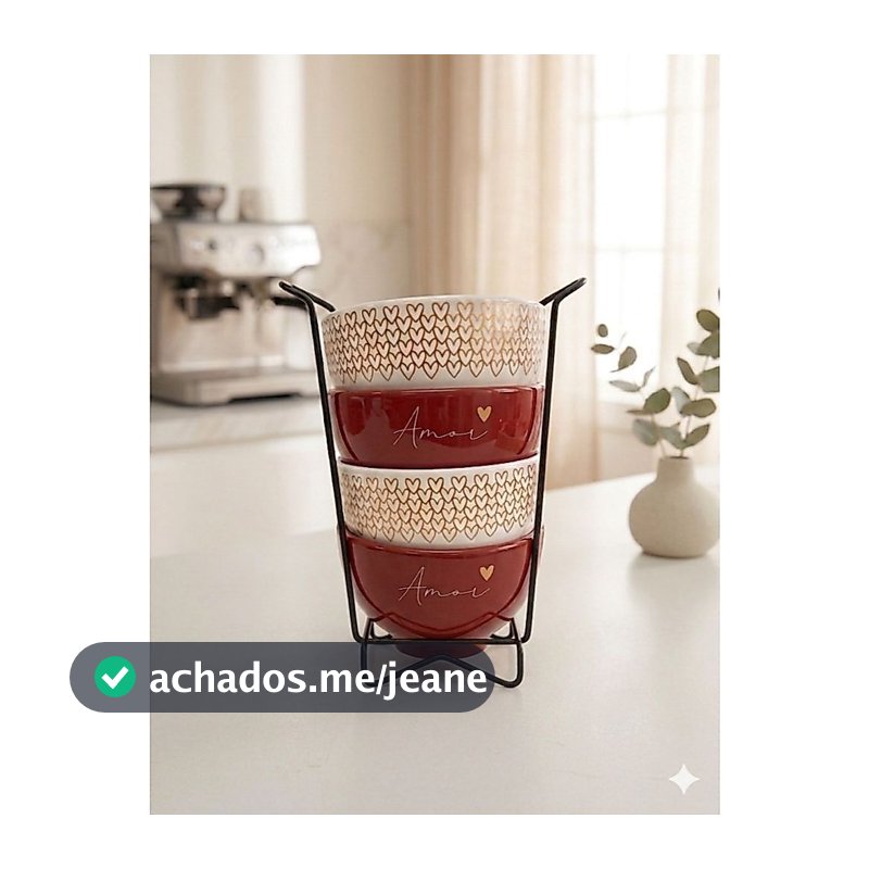 Kit Jogo 4  Bowl Tigelas Porcelana Cumbuca Sopa Açaí 350ml Decorada Amor Coração + Suporte