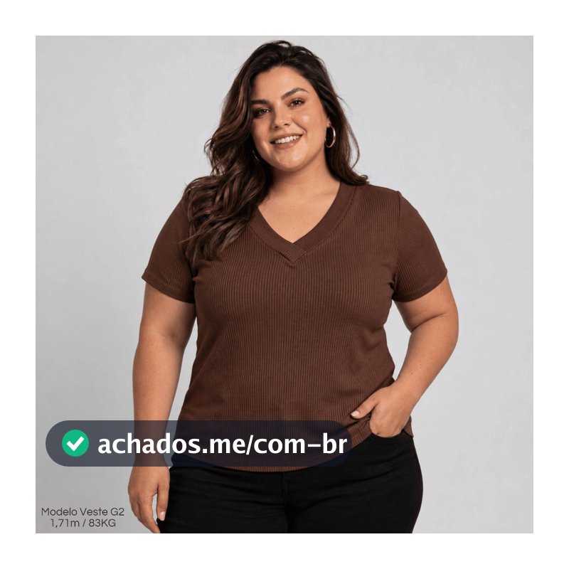 Blusa Canelada Plus Size Feminina Gola V Ribana Camiseta Básica GG ao G3