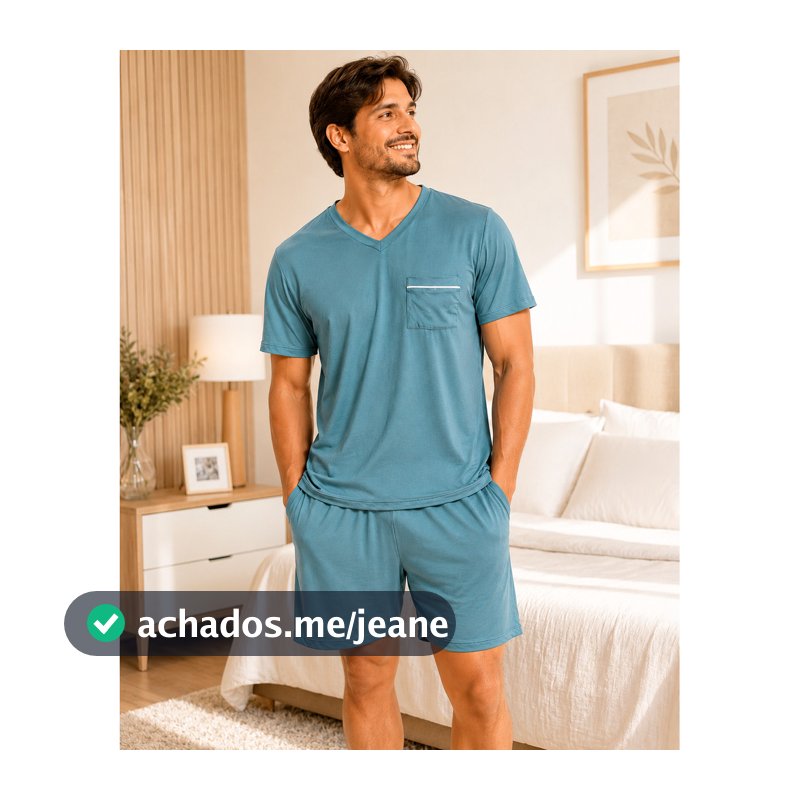 Pijama Masculino Curto Suede Premium Gola V com Bolso  Camiseta e Short Confortável