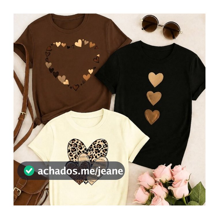 Kit 3 Camisetas Femininas Estampadas Coração Casual Blusas T-Shirt Algodão Moda Blogueira Looks Dia a Dia