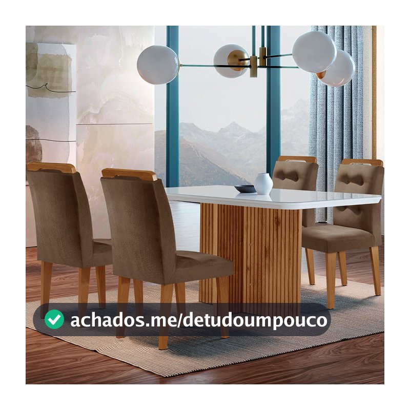 Conjunto Sala de Jantar Mesa Olímpia 120CM MDF Vidro Canto Copo com 4 Cadeiras Carol Moderna