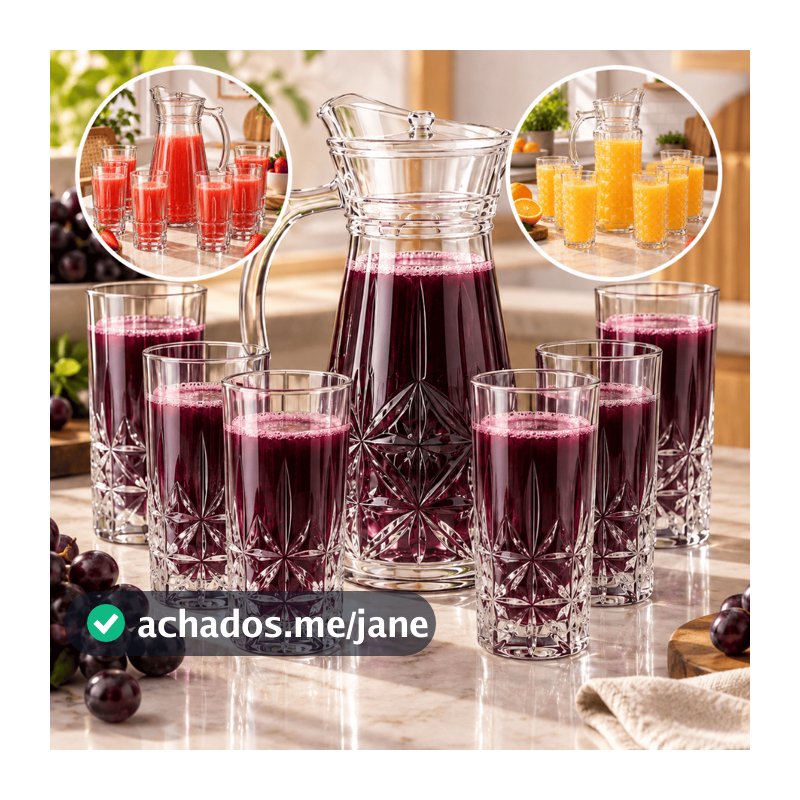 Jarra de Vidro 1,7L com 6 Copos 370ml Conjunto para Suco Água Bebidas Design Diamante