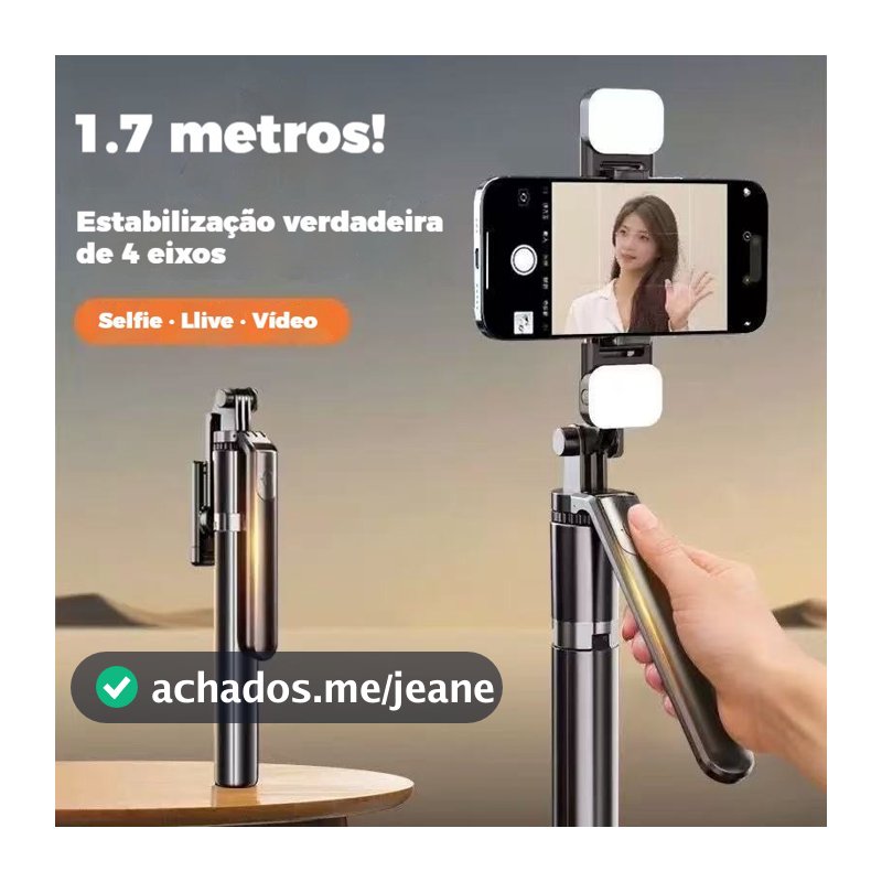 Selfie Stick Tripé 1.7M, 4 Eixos 360° Rotação Anti-tremor com Luz LED para Celular Vlog e Streaming