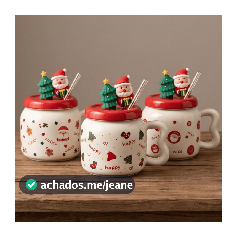 Caneca de Natal 380ml Com Tampa e Canudo Presente Natalina